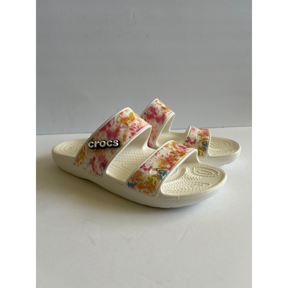 NEW Crocs Classic Tie Dye Women's Size 9 White Slides Sandals W/Jibbitz Charms